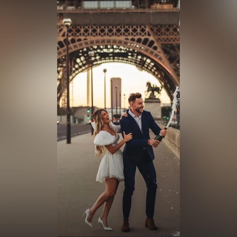 Viral White button puff sleeve engagement dress in size S